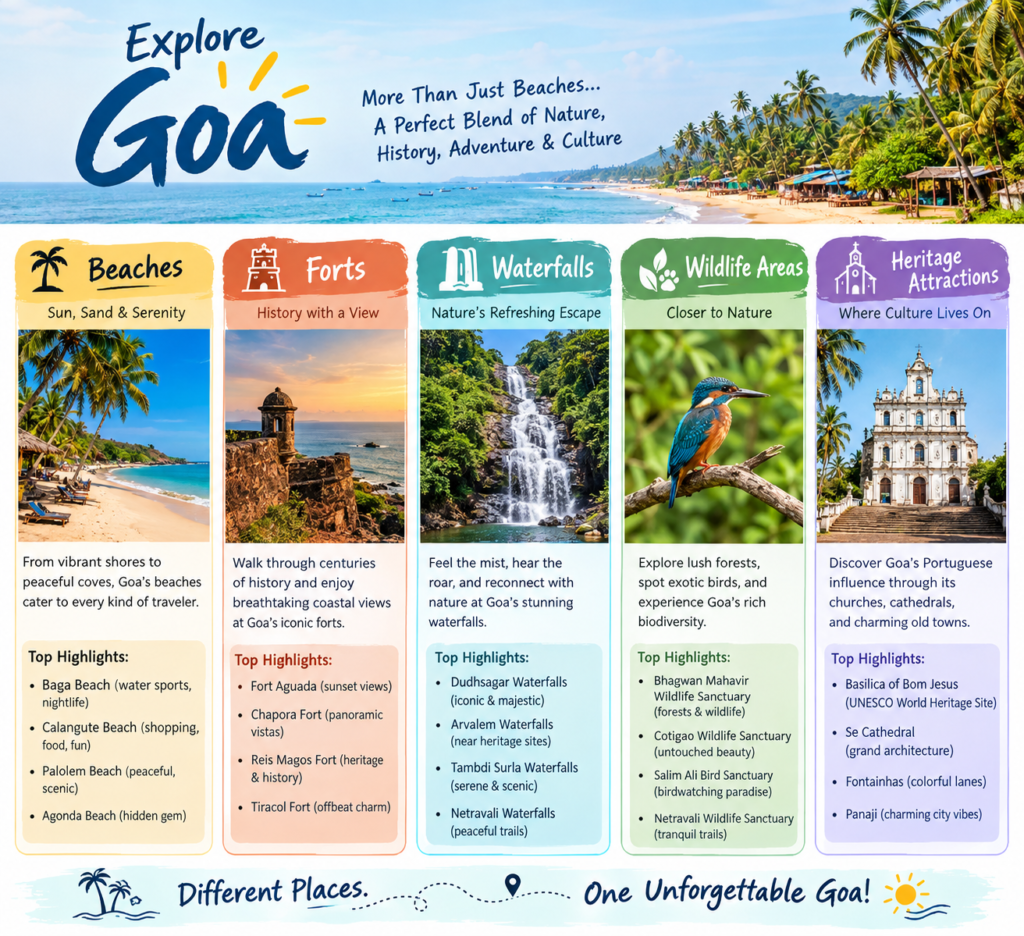 Comparison between beaches fort andwaterfalls in best places to visit in goa